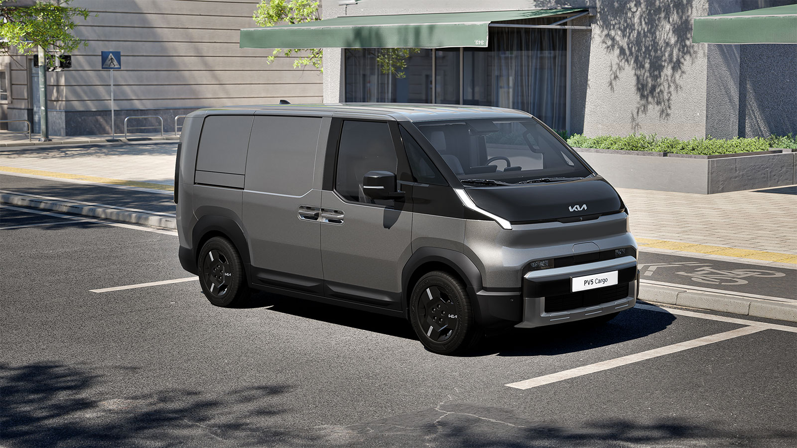 Official Kia image of a grey PV5 Cargo electric van from the front three-quarter angle