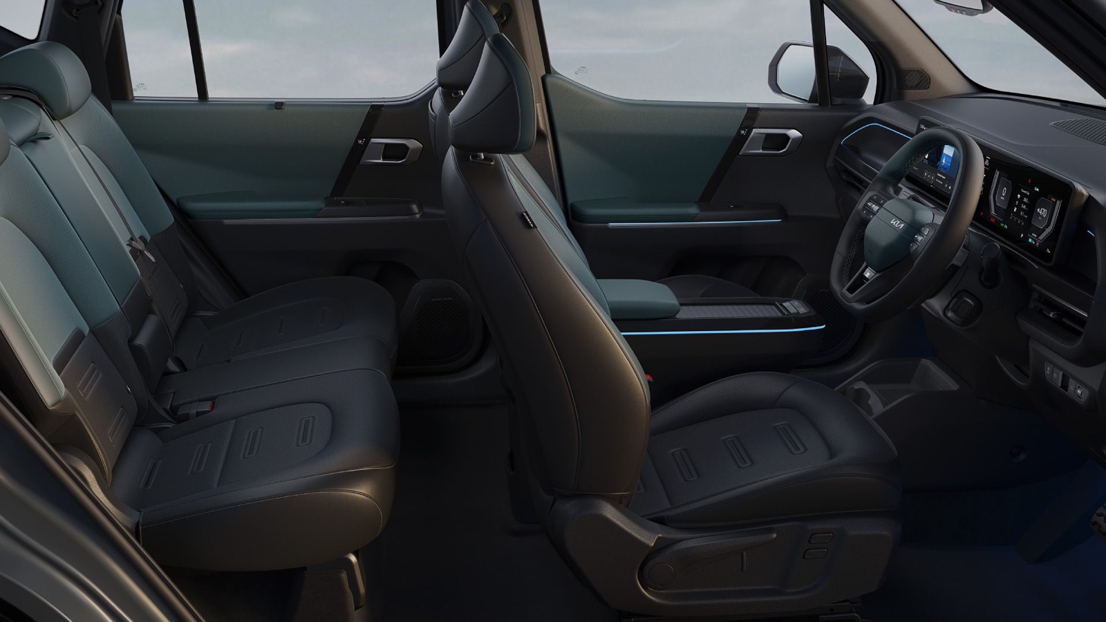 Wide official view of the Kia Syros EV front and rear seats
