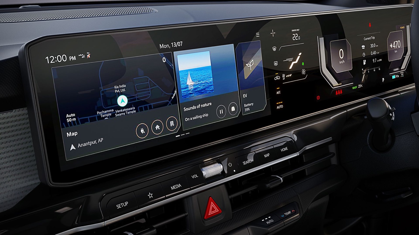 Kia Syros EV panoramic dashboard display showing navigation, climate, and vehicle information