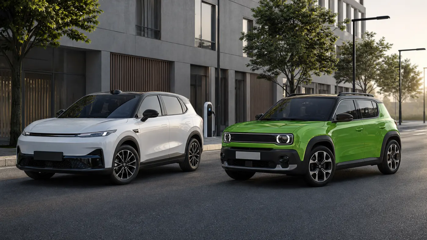 Generated editorial illustration of two compact electric crossovers inspired by the Leapmotor B03X and Renault 4 E-Tech on a European street