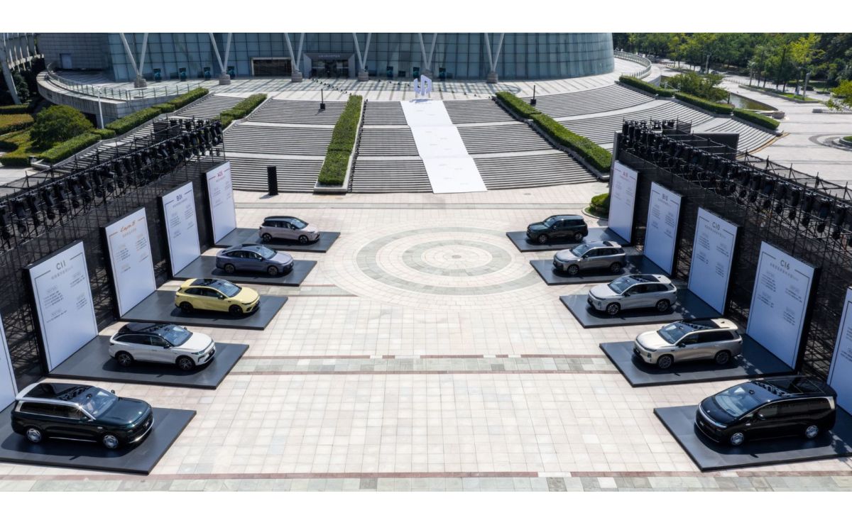 Official overhead image of Leapmotor vehicles displayed at the company's 2026 Tech Day