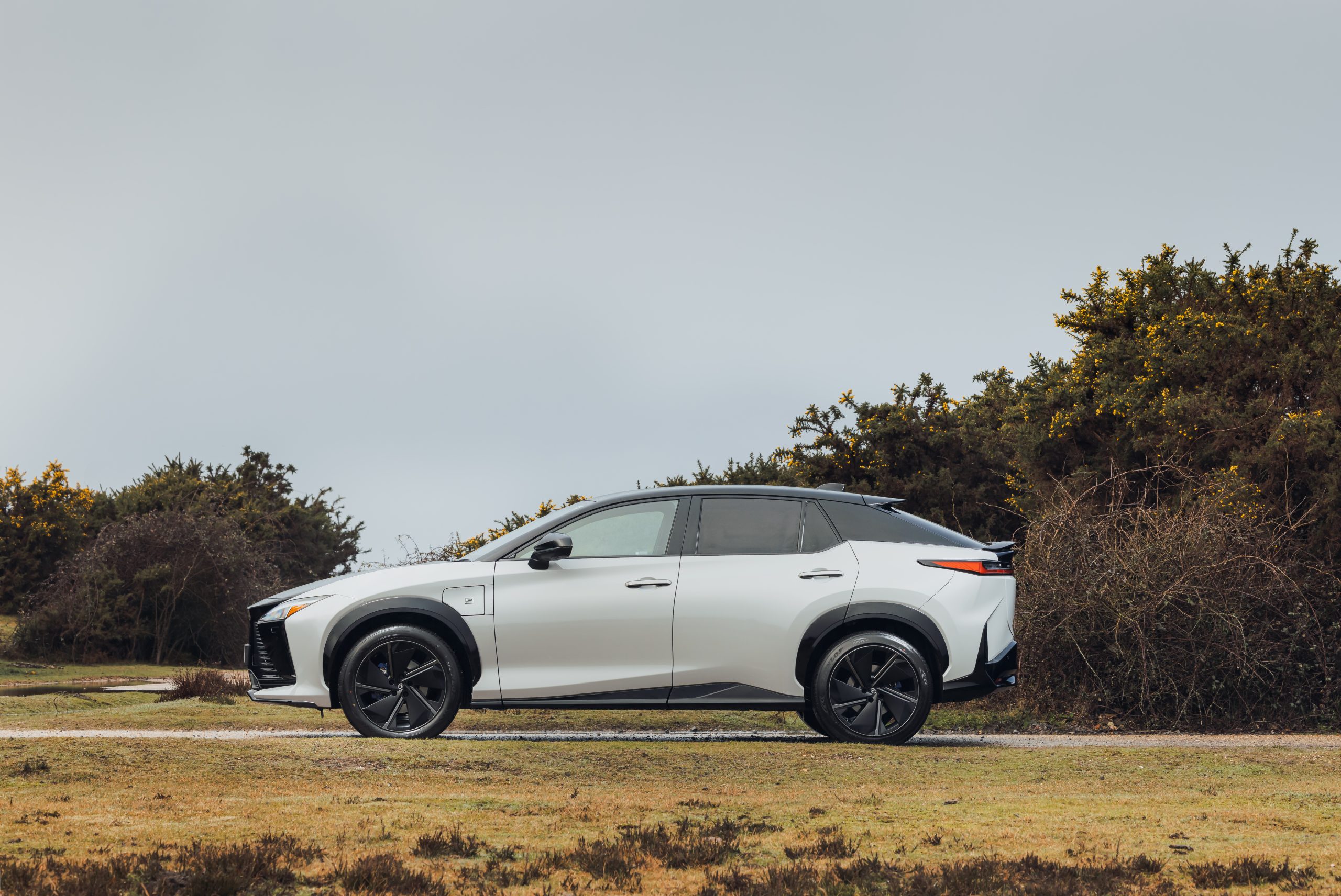 Official Lexus image of a silver 2026 RZ 550e F Sport electric SUV in profile