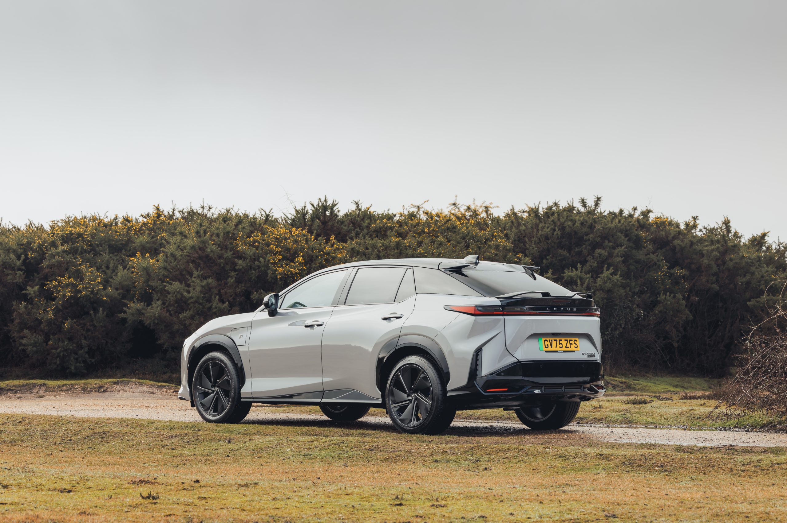 Rear three-quarter view of a silver 2026 Lexus RZ 550e F Sport