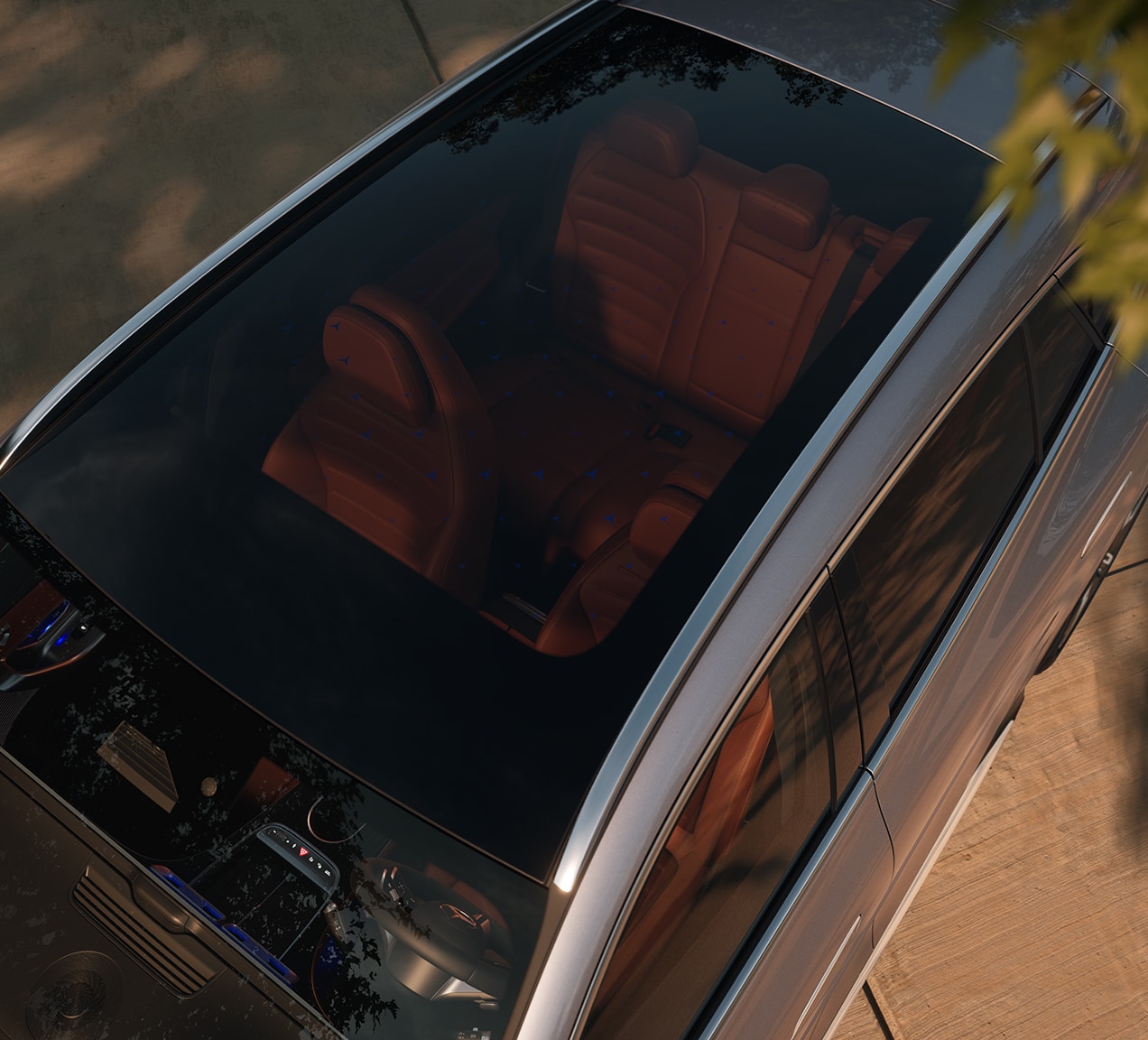Official overhead image of the Mercedes GLC Electric panoramic roof and cabin