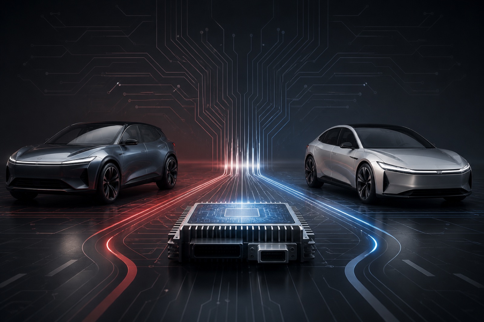 Generated editorial illustration of two vehicles connected to a shared central computer