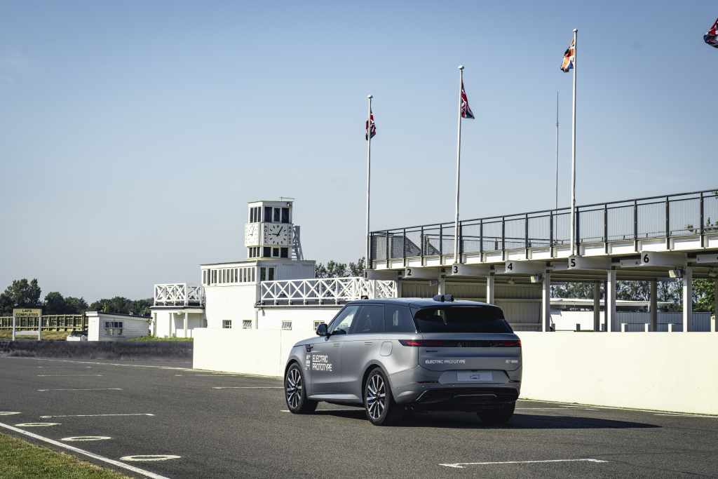 Silver Range Rover Sport Electric prototype driving at Goodwood Motor Circuit