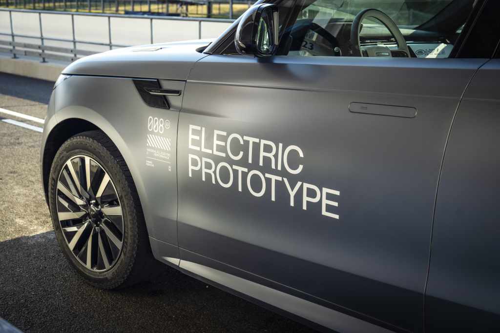 Side detail of the Range Rover Sport Electric prototype with Electric Prototype graphics