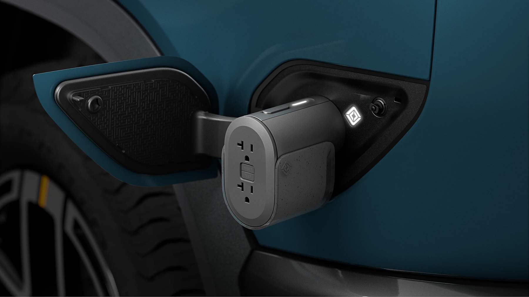 Rivian R2 interior power outlet detail