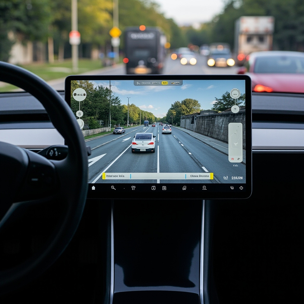 Tesla Model Y interior with Autopilot display showing road visualization