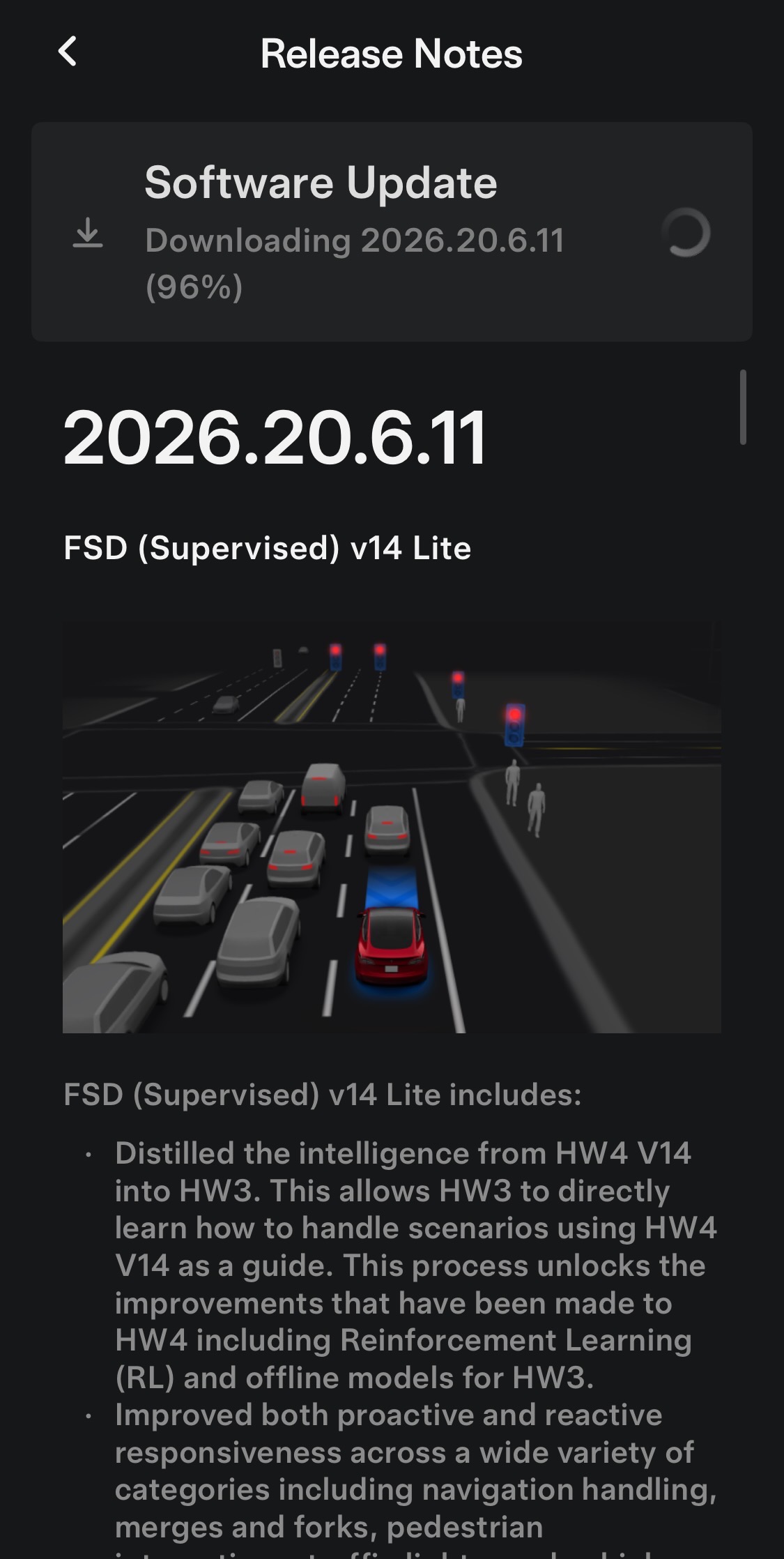 Tesla release-notes screen showing software update 2026.20.6.11 and the FSD Supervised v14 Lite driving visualization