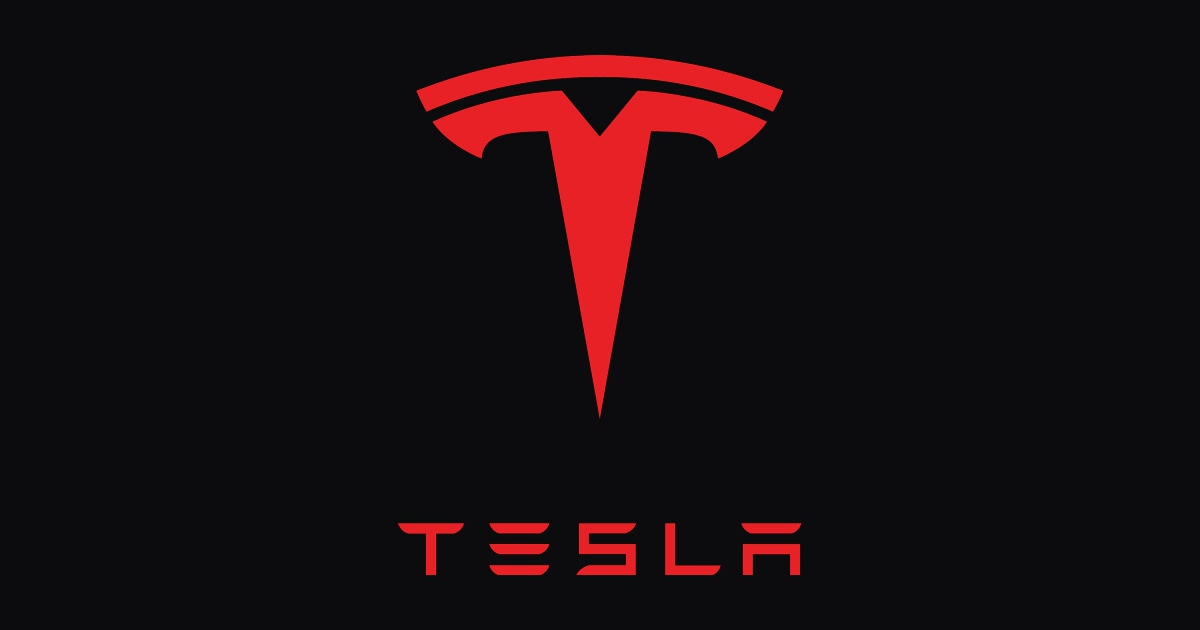Red Tesla logo and wordmark on a black background