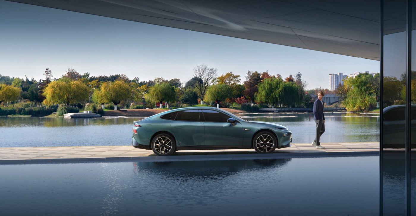 XPENG P7+ electric sedan on display
