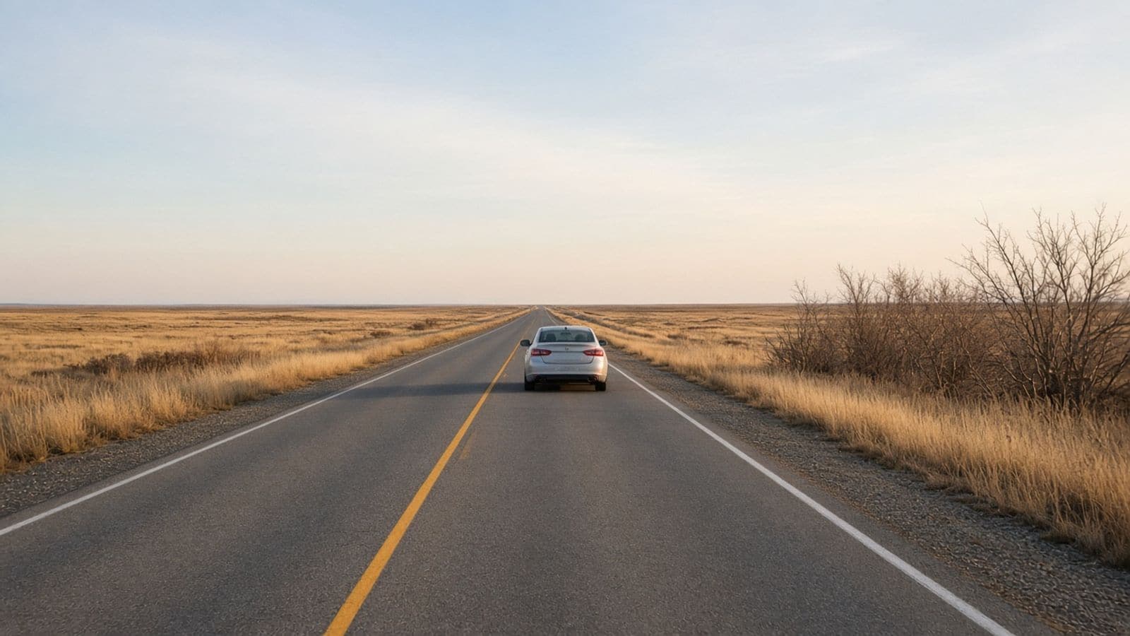 AI-generated illustration of a silver sedan on a prairie highway in late autumn.