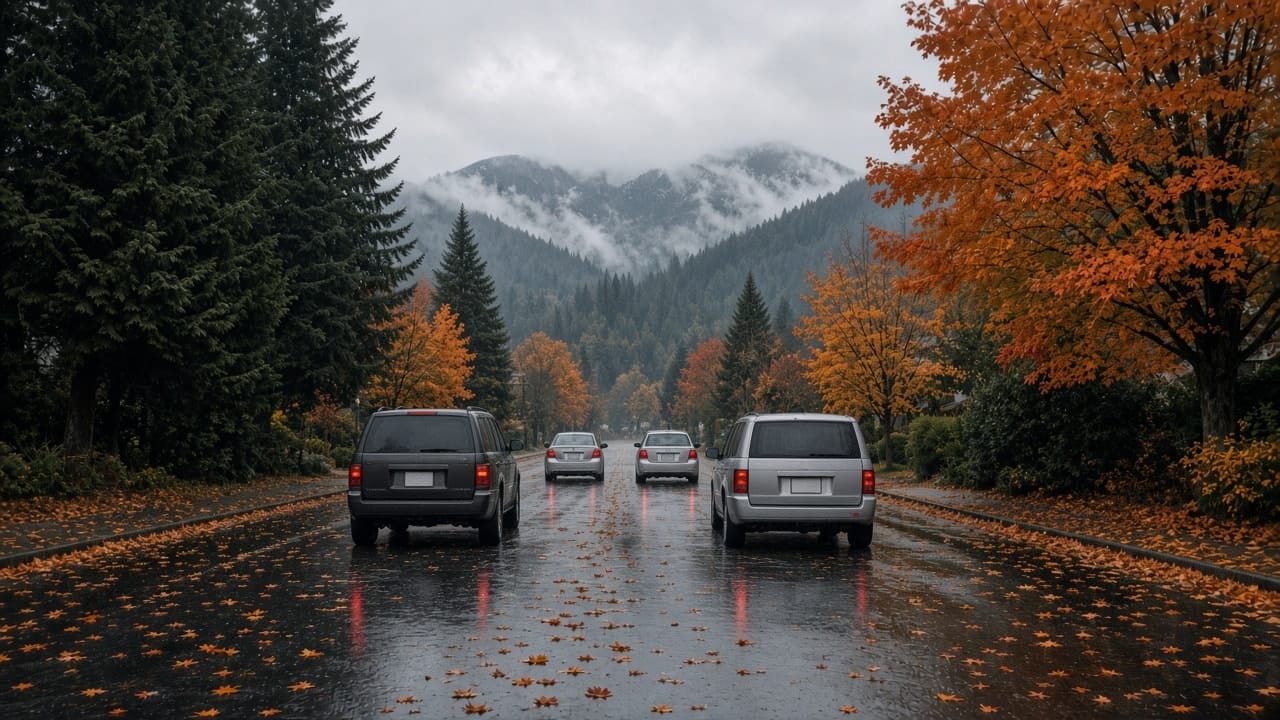 AI-generated illustration of ordinary cars on a wet Vancouver-area street in autumn, with evergreen trees and cloud-covered mountains.