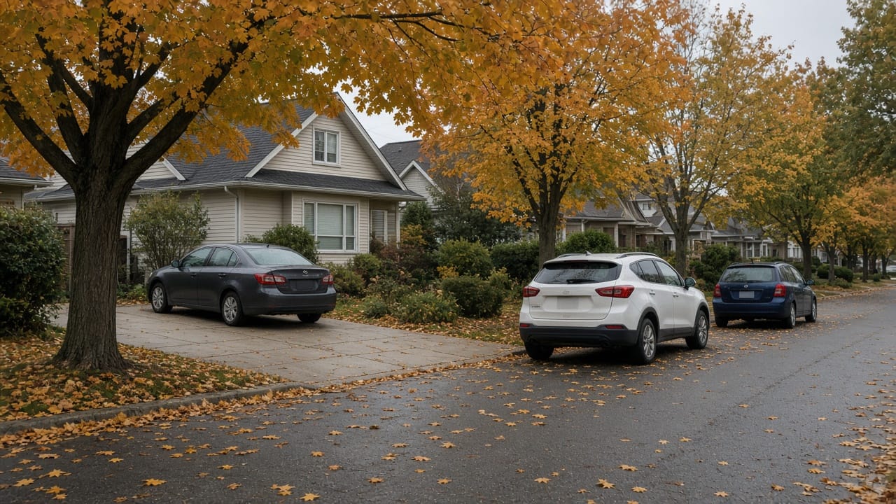 AI-generated illustration of a dark grey sedan in a driveway on a Canadian suburban street in autumn, with other ordinary cars parked along the curb.