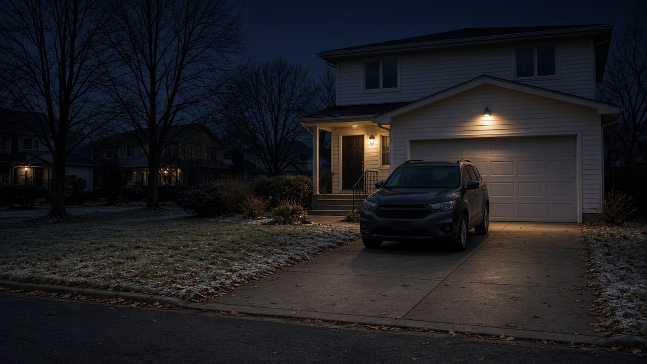 AI-generated illustration of an ordinary mid-size SUV parked in a Canadian suburban driveway at night in late autumn, under a porch light, with a closed garage door, bare trees and a light frost.