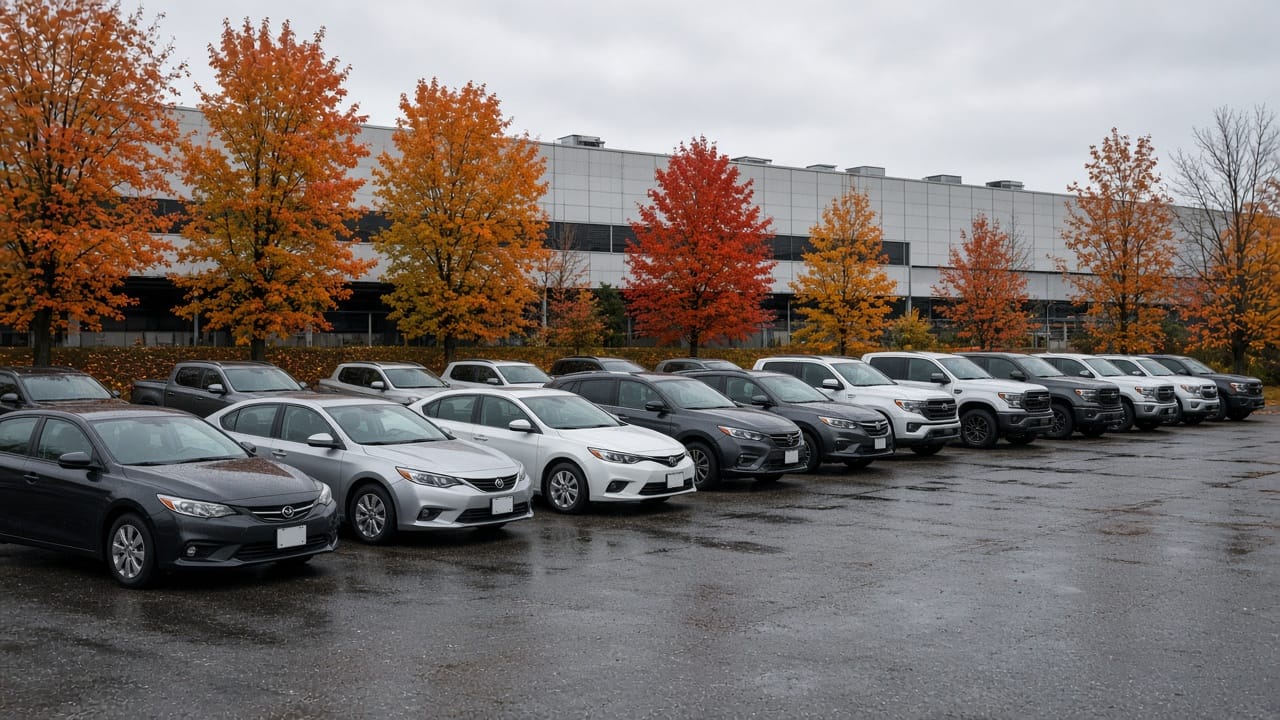 AI-generated illustration of new cars and light trucks on an Ontario dealership lot in autumn.