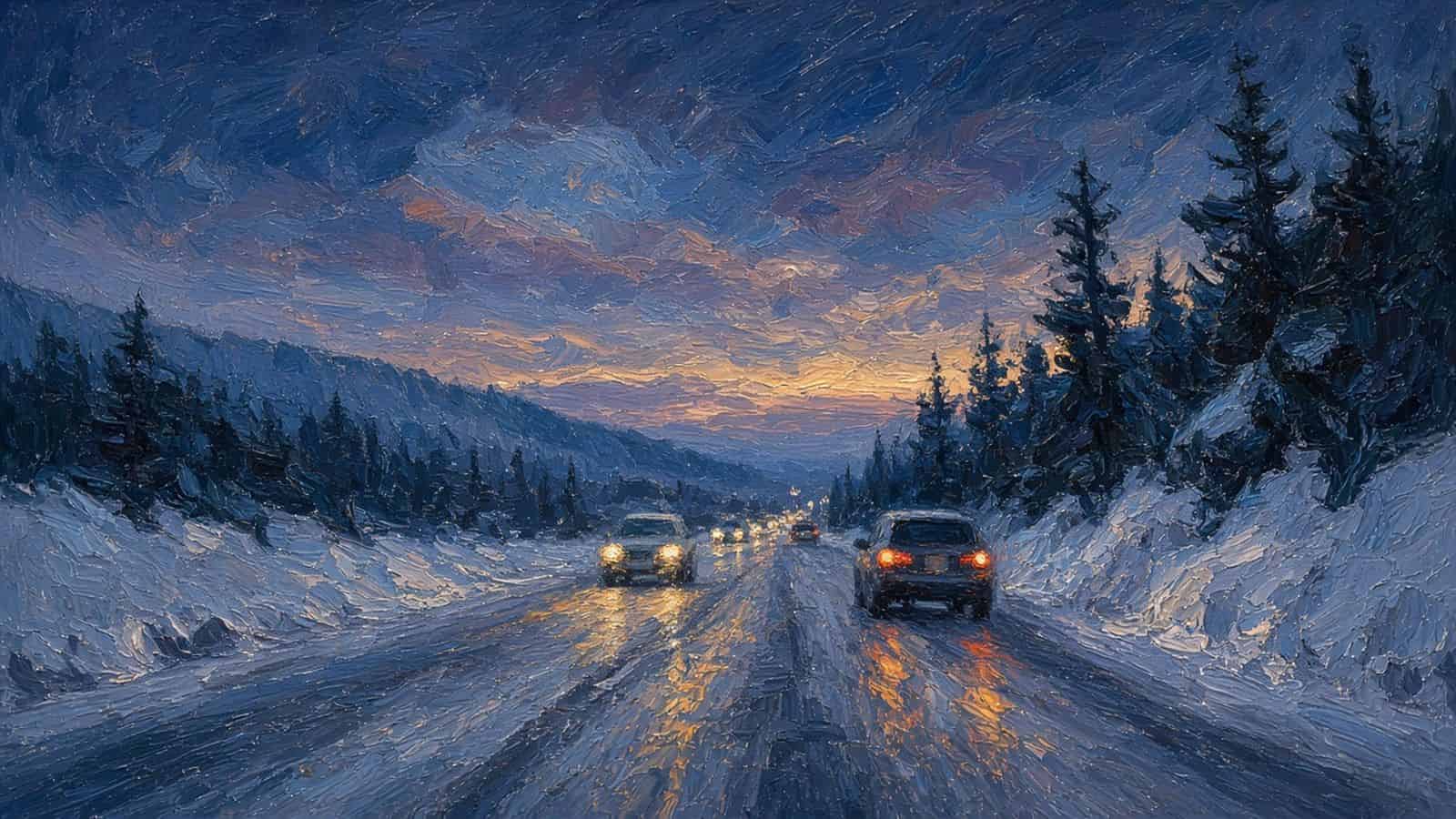 Impressionist painting of a car on a winter highway.