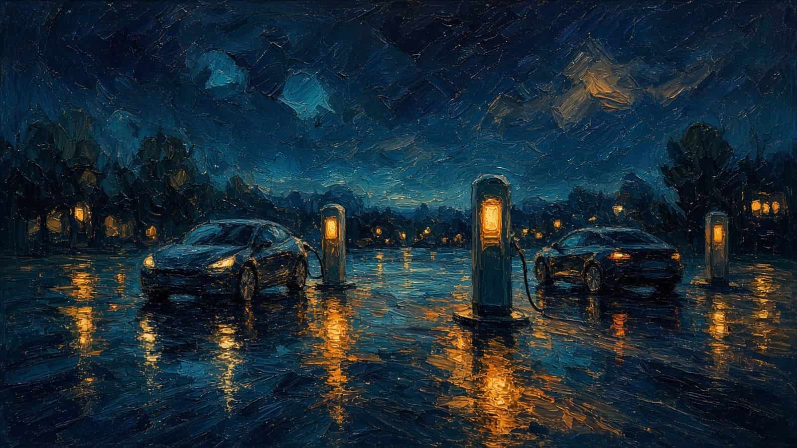 Impressionist painting of cars at a charging plaza.
