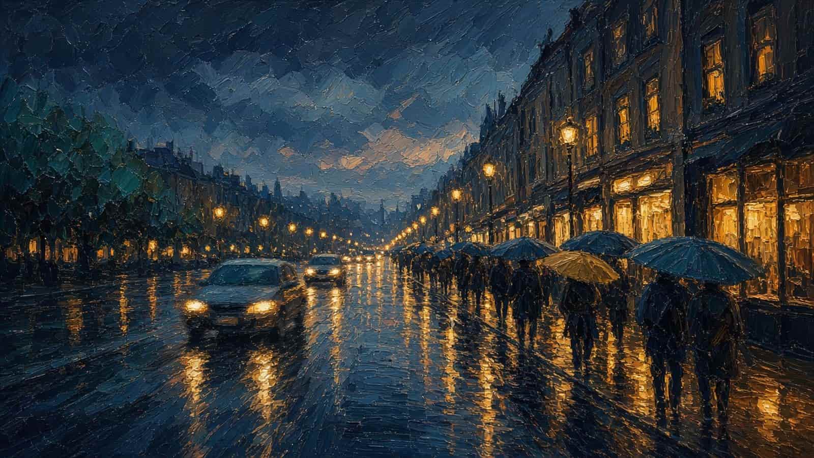 Impressionist painting of a car on a rainy city street.