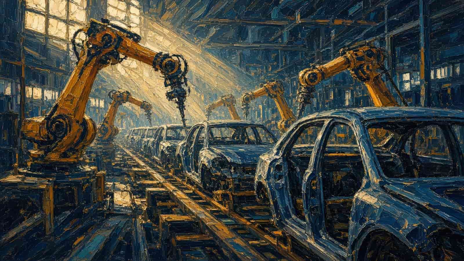 Impressionist painting of a car on a factory floor.