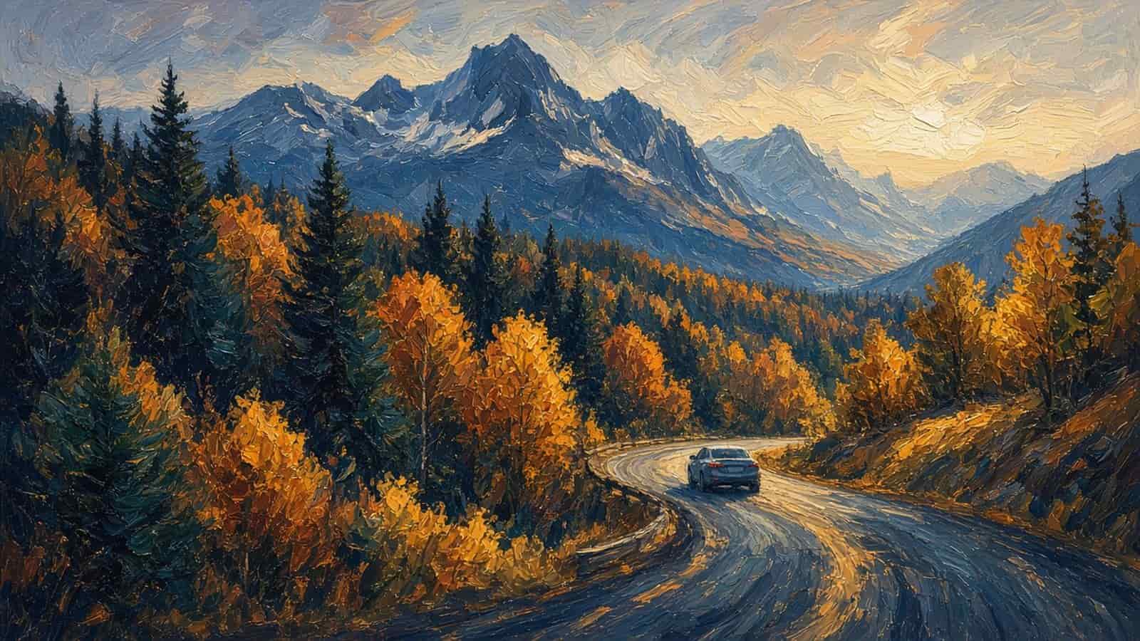 Impressionist painting of a car on a mountain road.