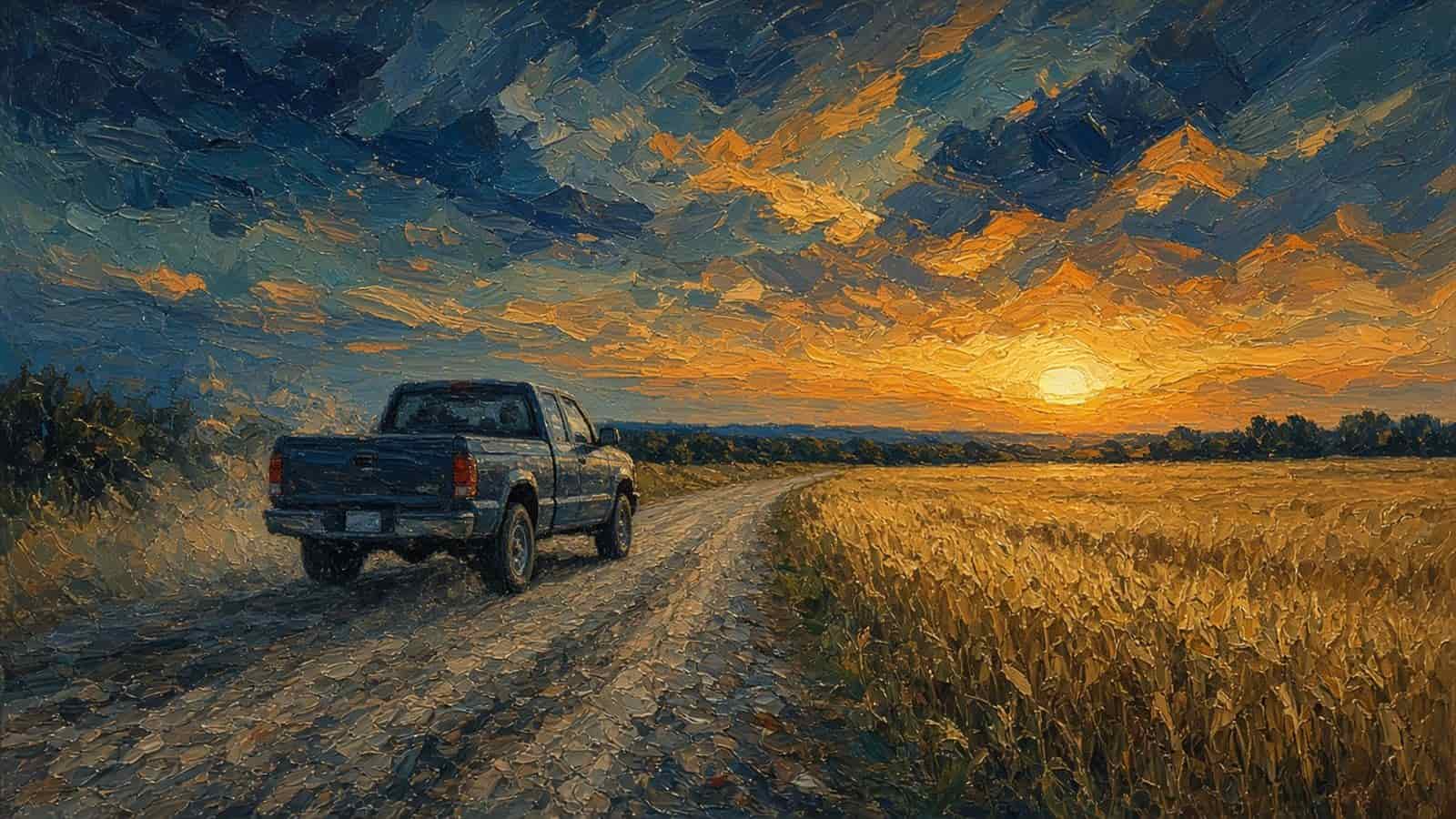 Impressionist painting of a pickup on a country road.