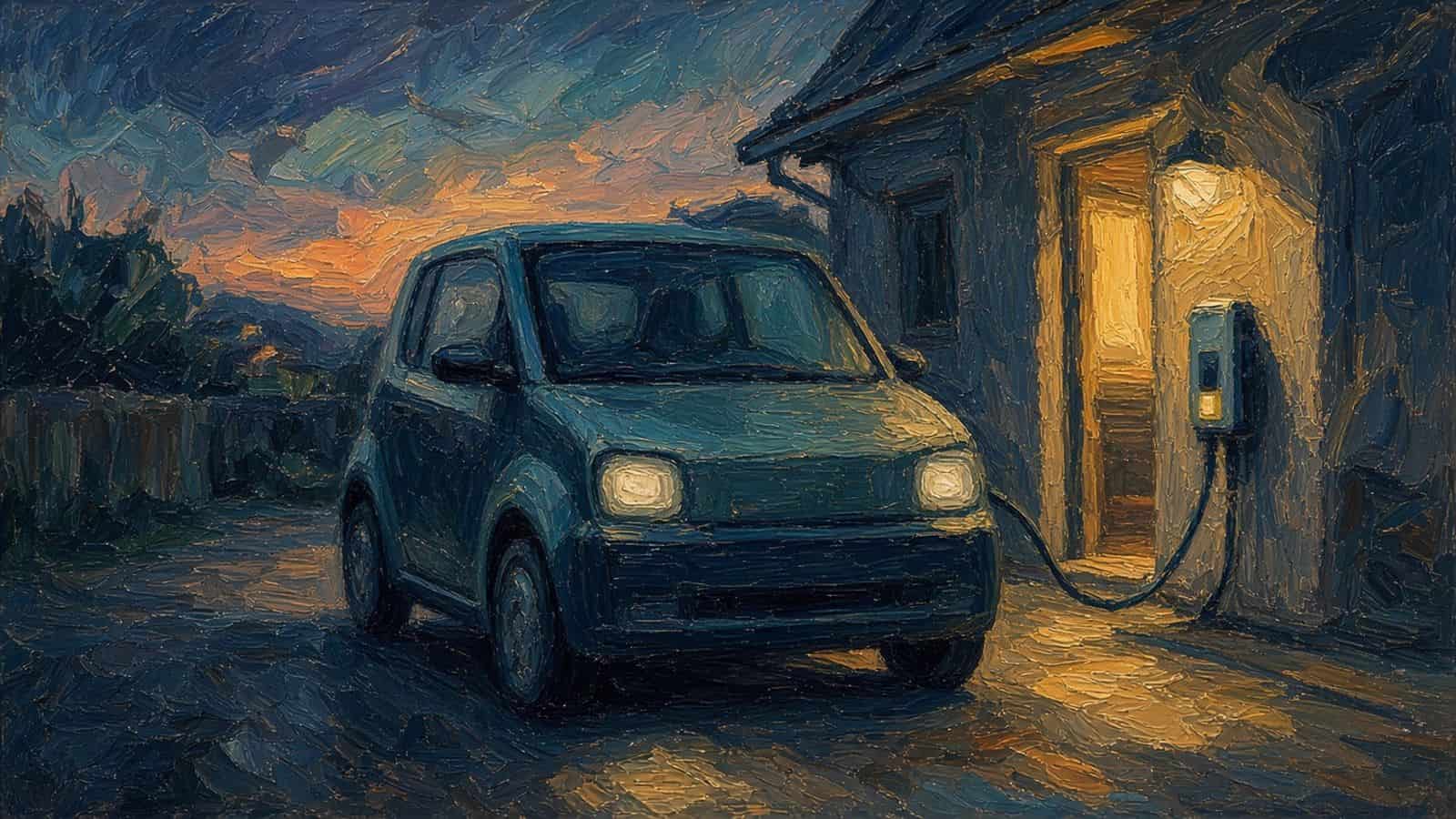 Impressionist painting of a car charging in a home garage.