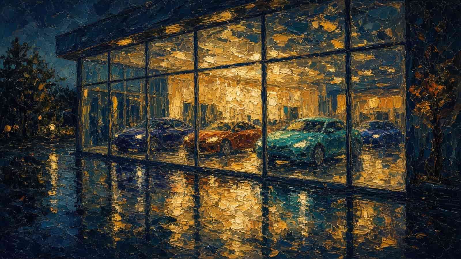 Impressionist painting of a car in a showroom.