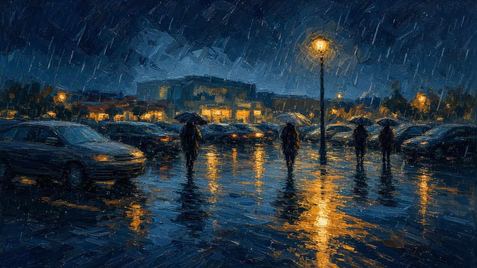 Impressionist painting of a car in a rainy parking lot.