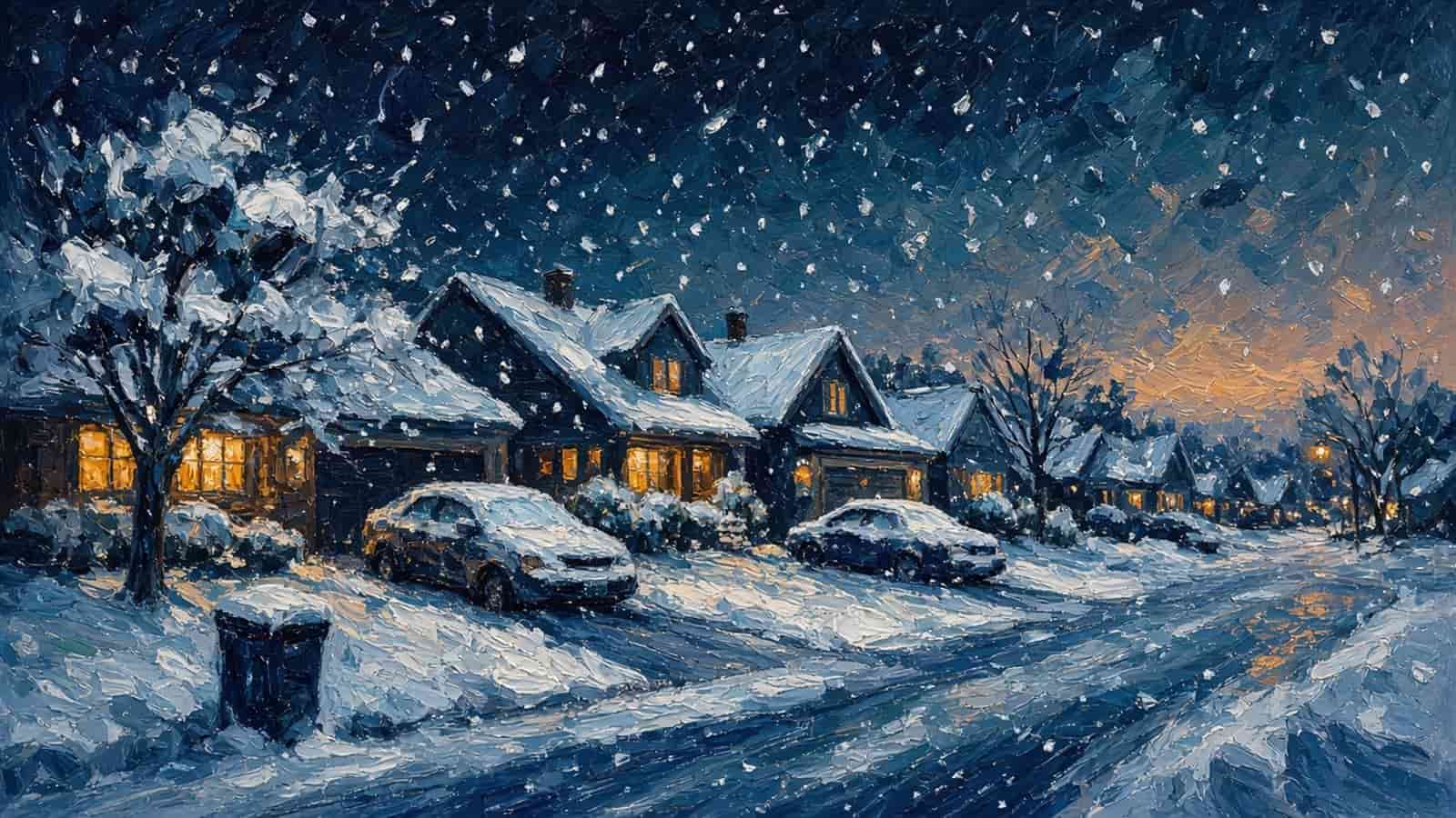 Impressionist painting of a car on a snowy suburban street.