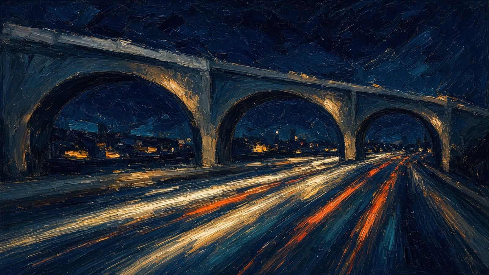 Impressionist painting of a car beneath a night overpass.