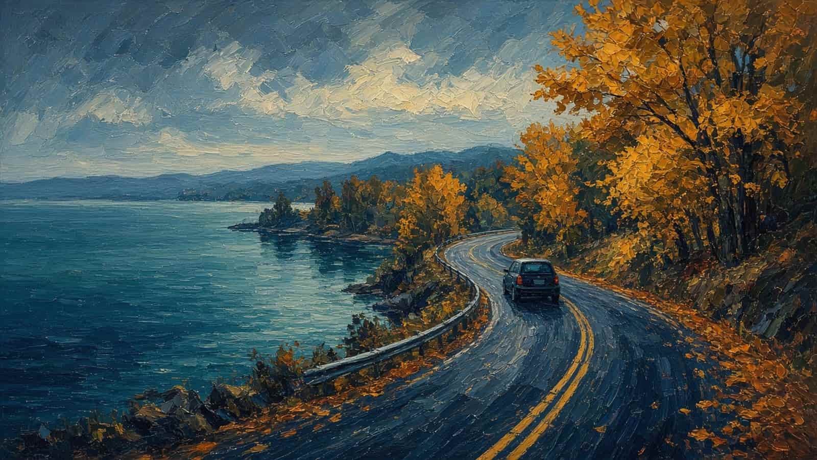 Impressionist painting of a car on a lakeside road.
