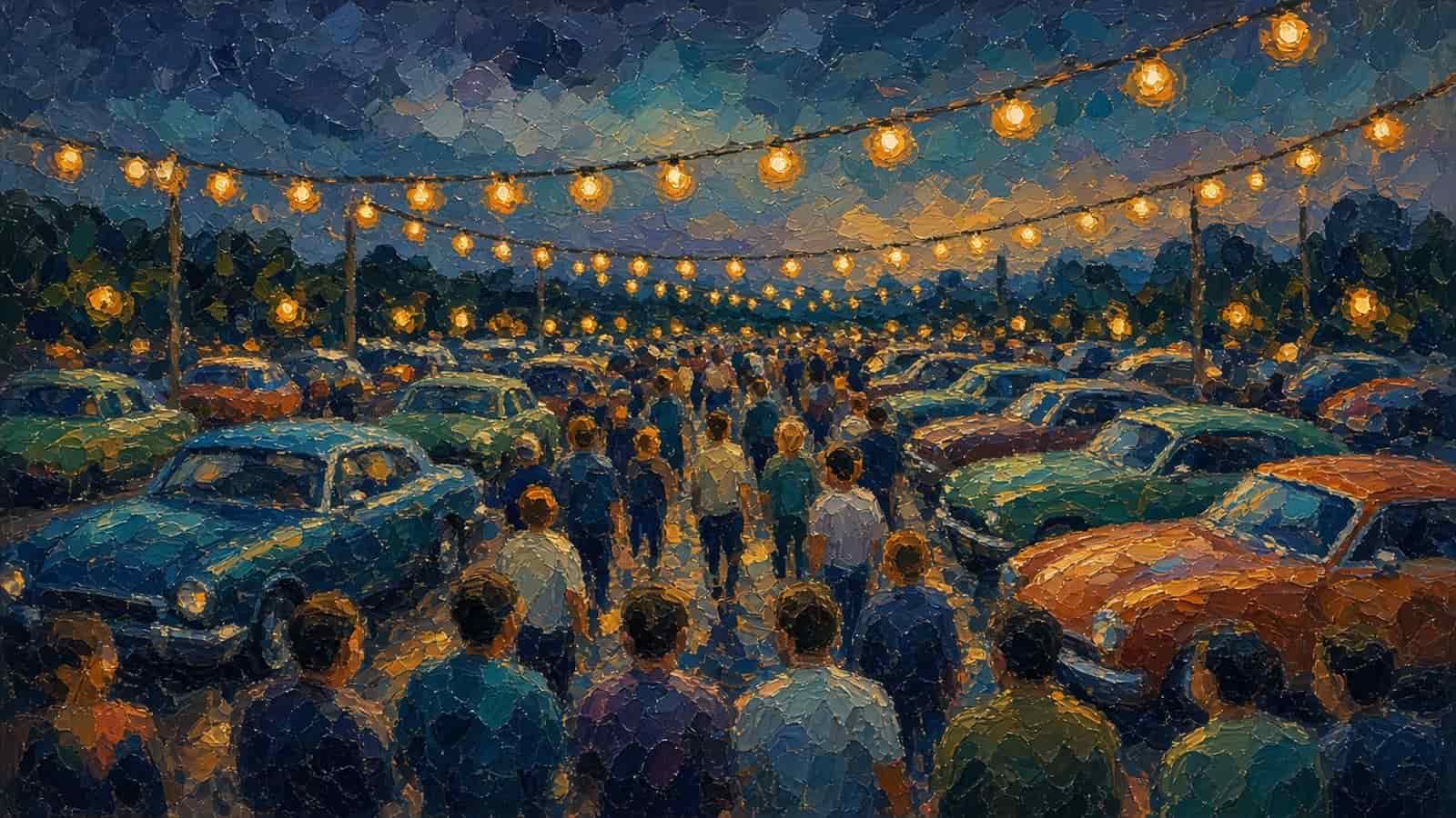 Impressionist painting of cars at a car show.