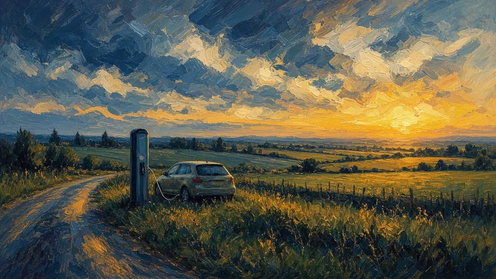 Impressionist painting of a car at a country charger.
