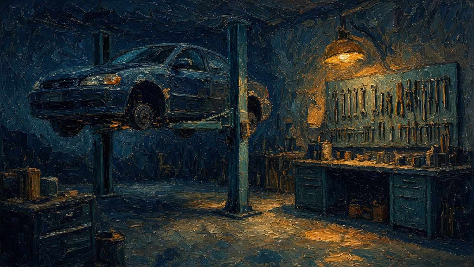 Impressionist painting of a car in a workshop.