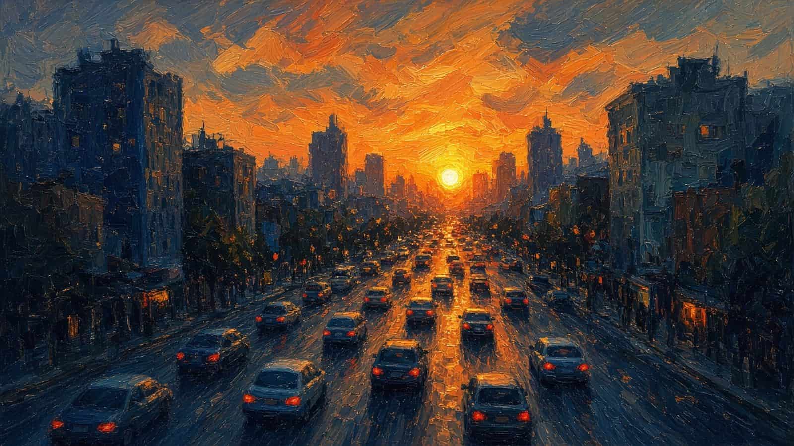 Impressionist painting of a car on a city street at sunset.