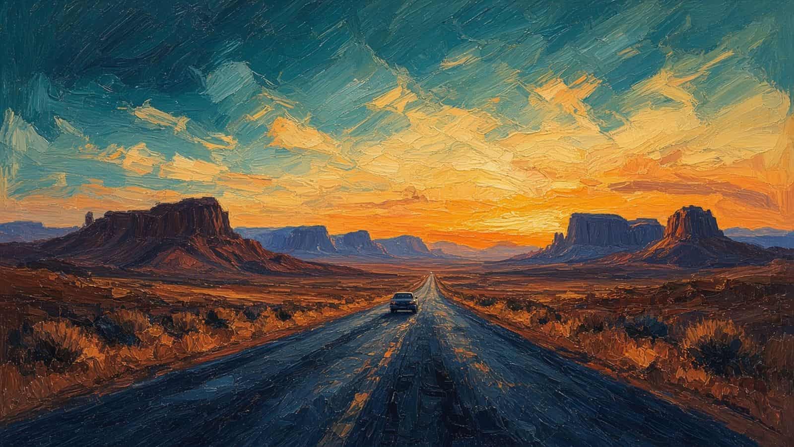 Impressionist painting of a car on a desert highway.