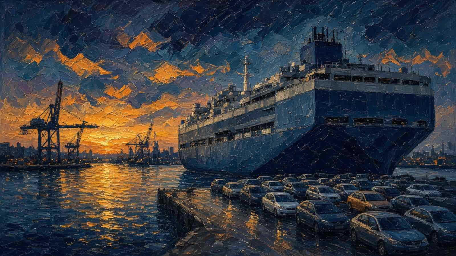Impressionist painting of cars on a carrier at a port.