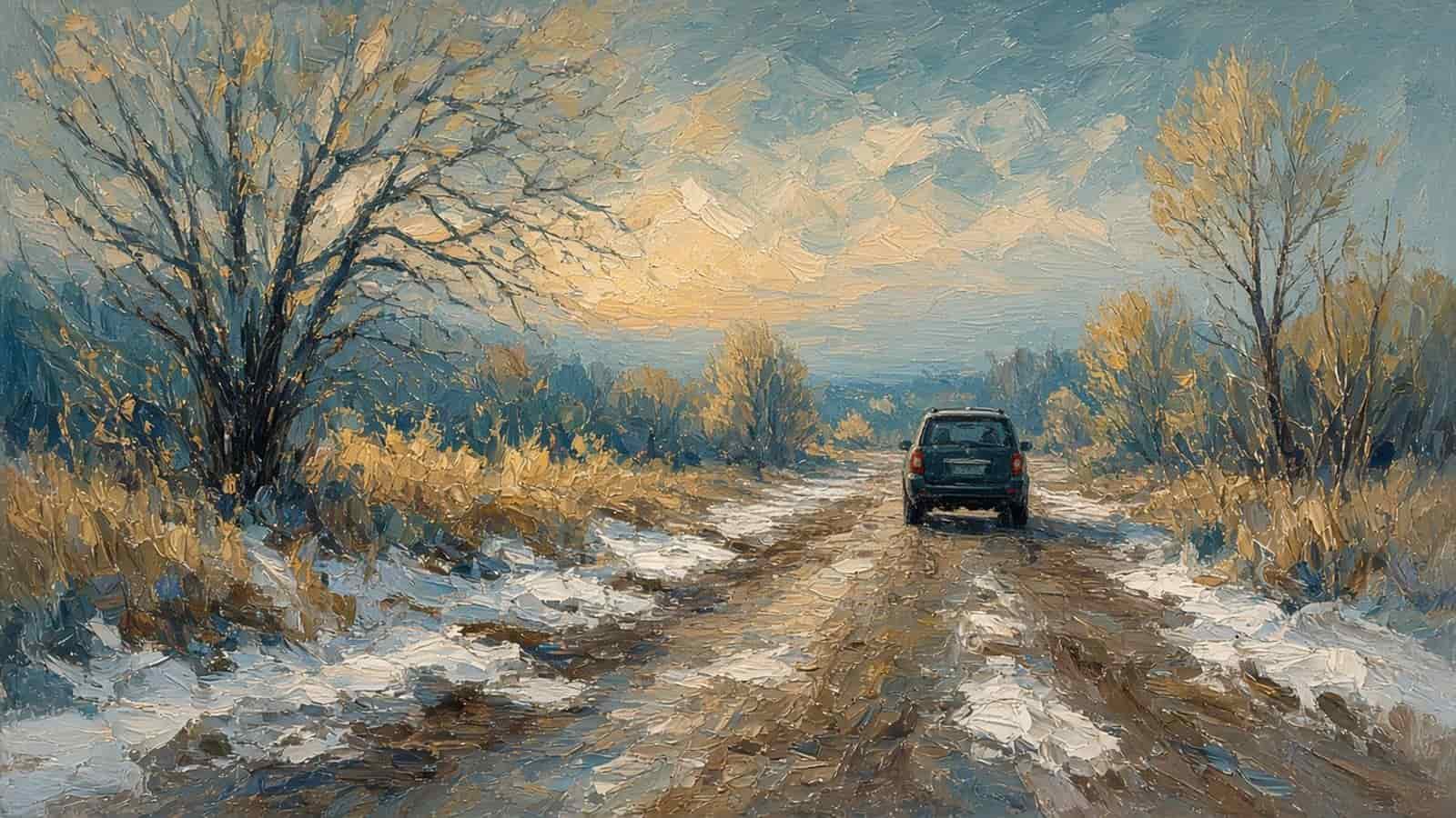 Impressionist painting of a car on a spring gravel road.