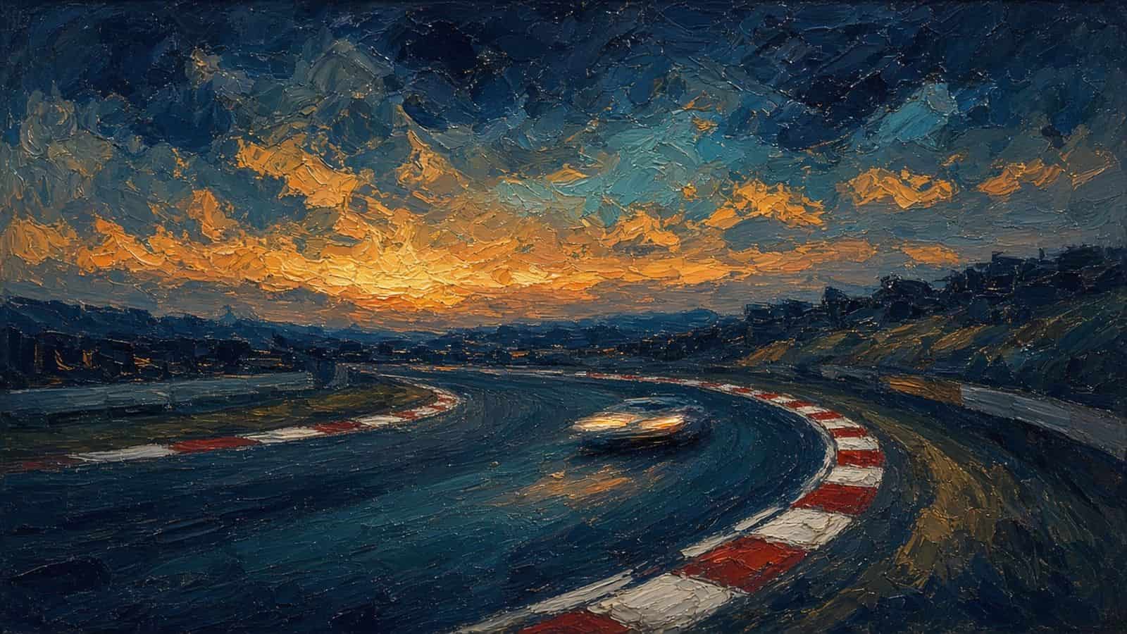 Impressionist painting of a car on a test track.