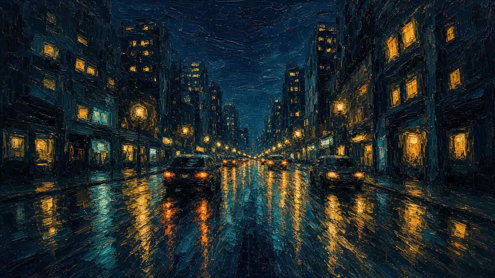 Impressionist painting of a car on a downtown street at night.