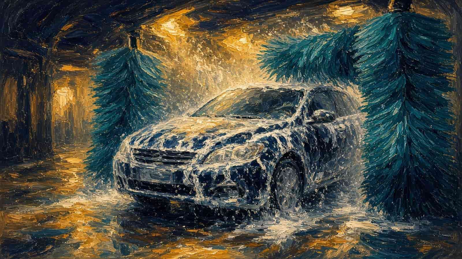 Impressionist painting of a car in a car wash.