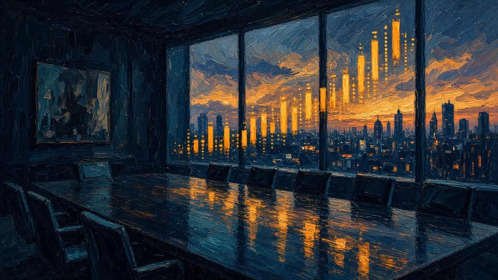 Impressionist painting of a boardroom above a city.