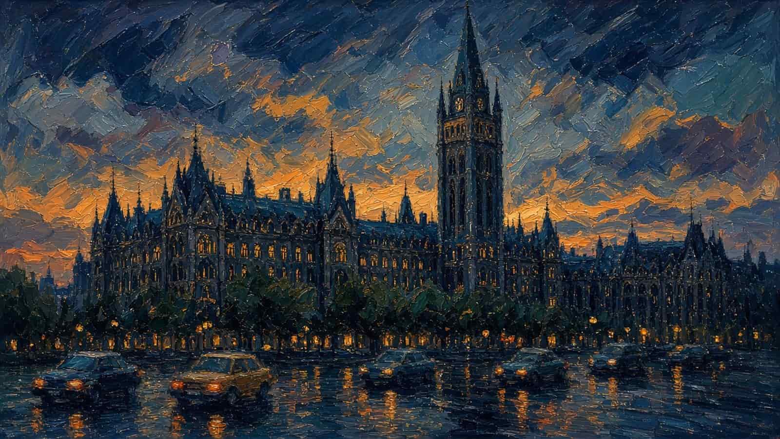 Impressionist painting of a street outside parliament.