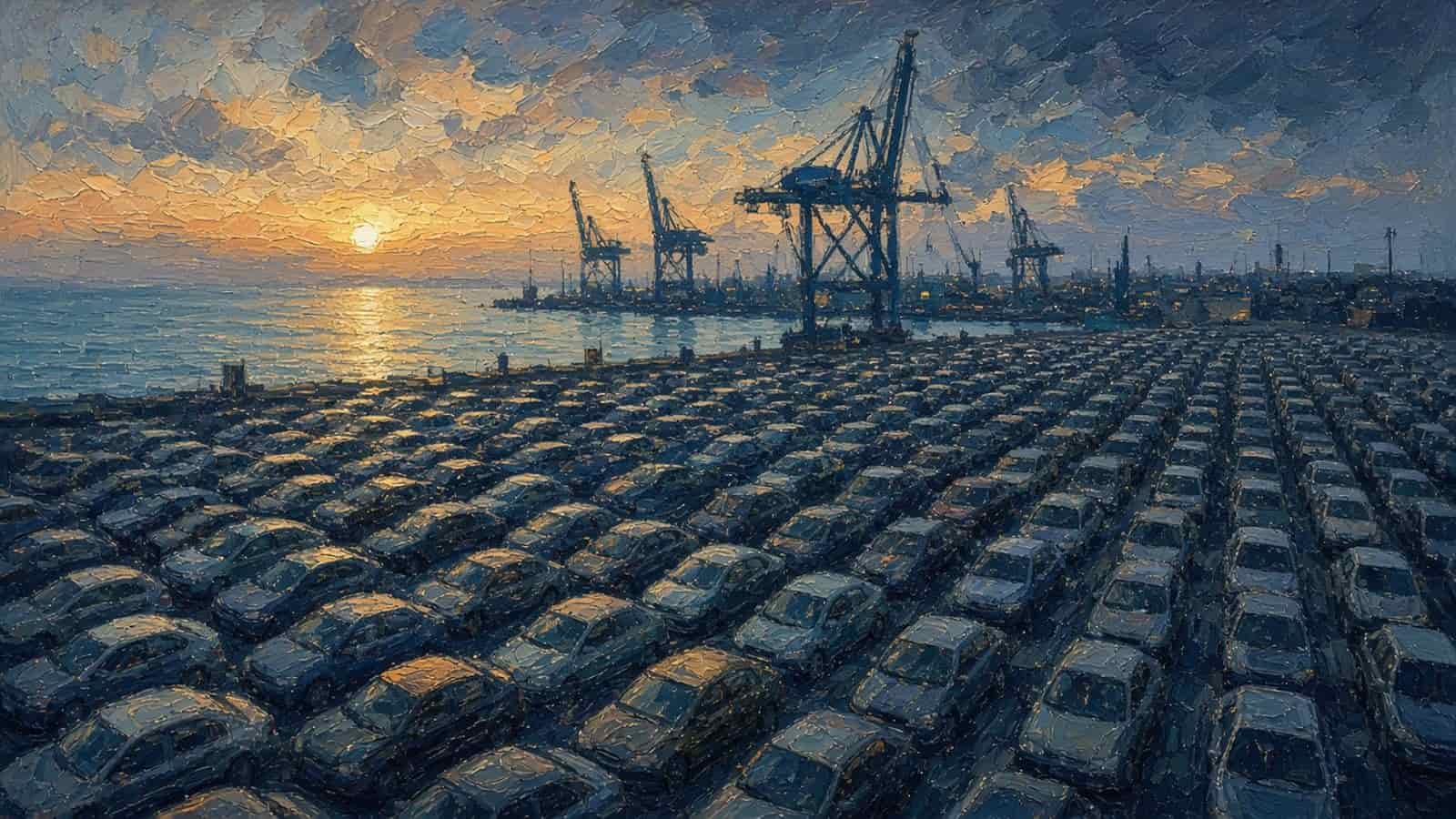 Impressionist painting of a port storage lot at dawn.
