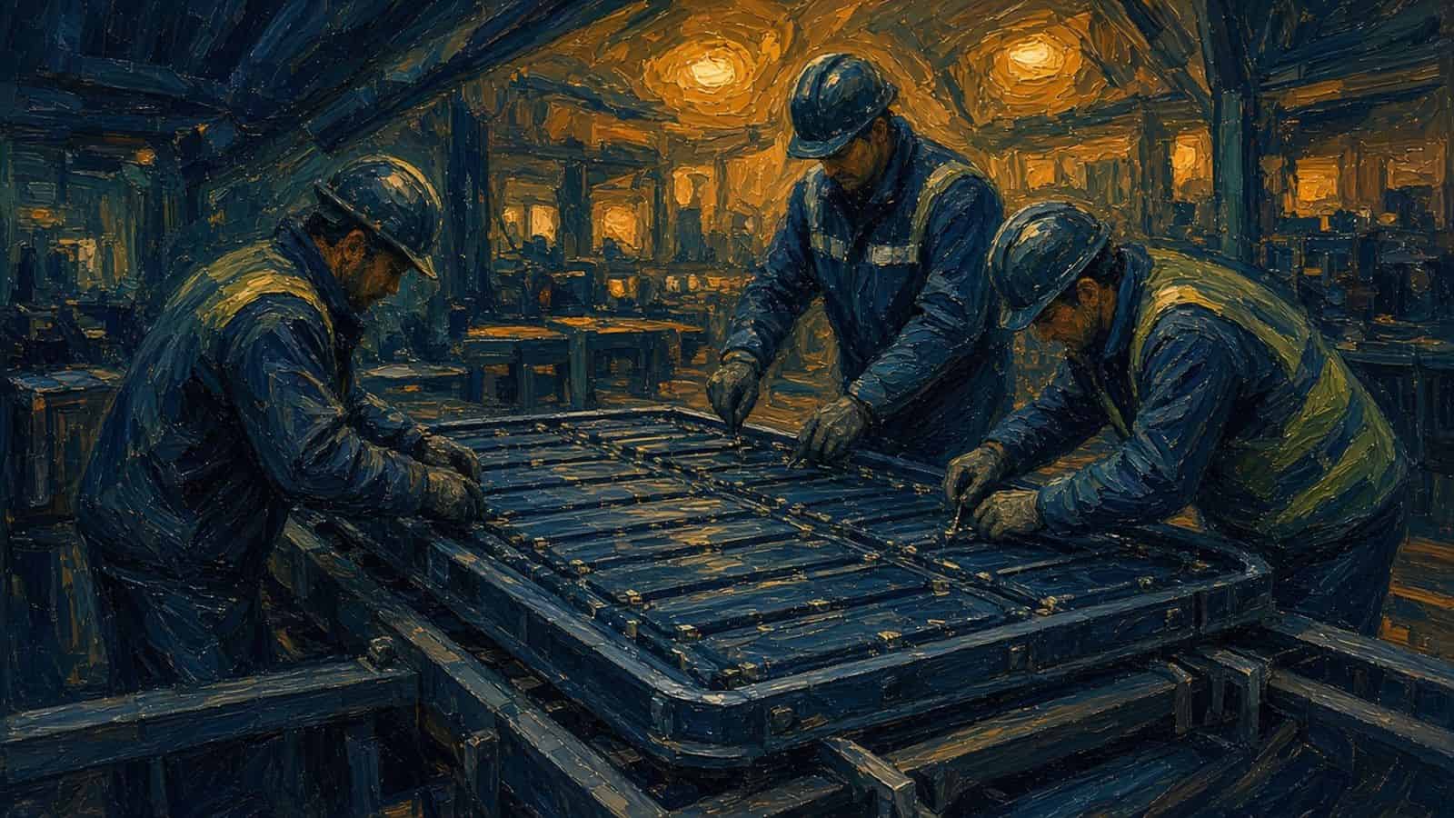 Impressionist painting of a battery pack on an assembly line.