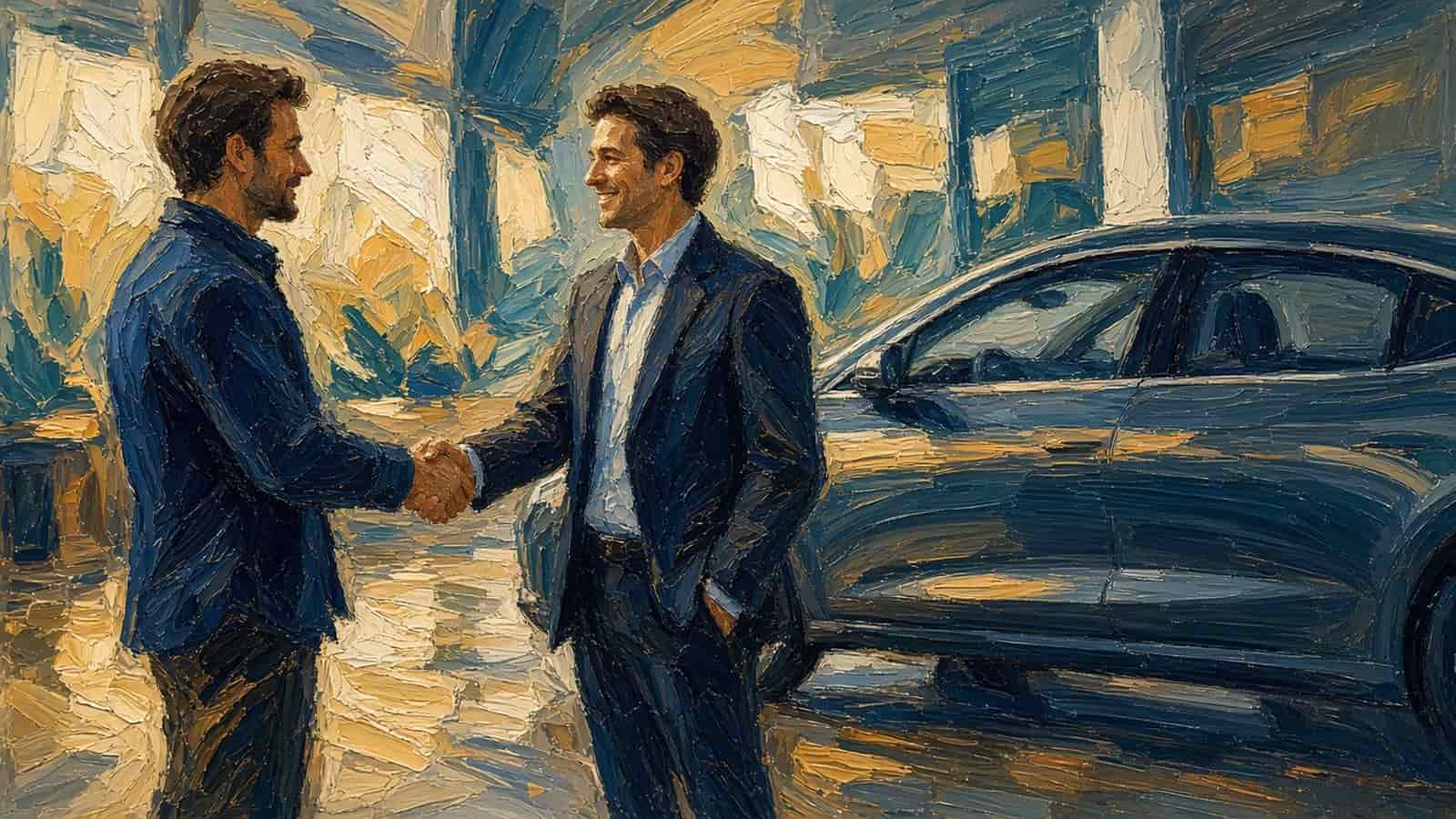 Impressionist painting of a handshake in a showroom.