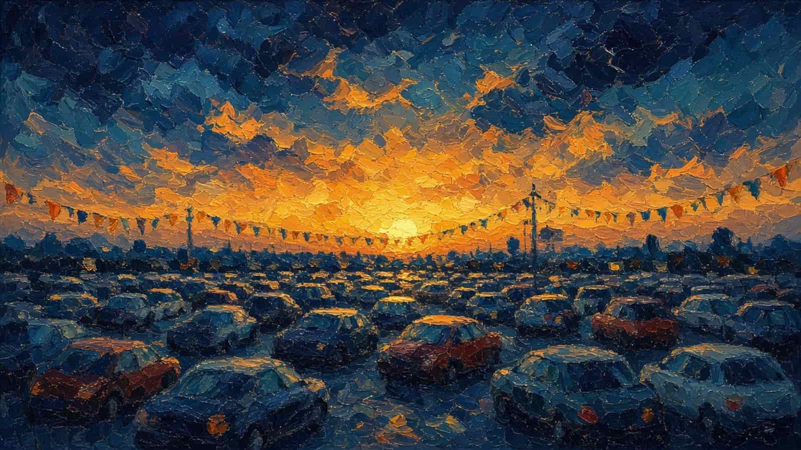 Impressionist painting of a dealer lot at sunset.