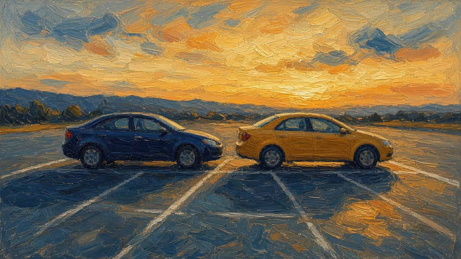 Impressionist painting of two cars in golden-hour light.